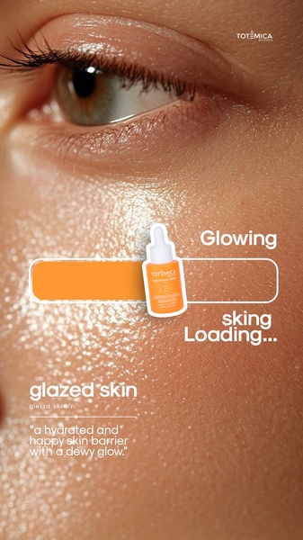 A close-up aesthetic shot featuring an antioxidant serum bottle superimposed over a glowing, hydrated skin texture with bold text overlays.